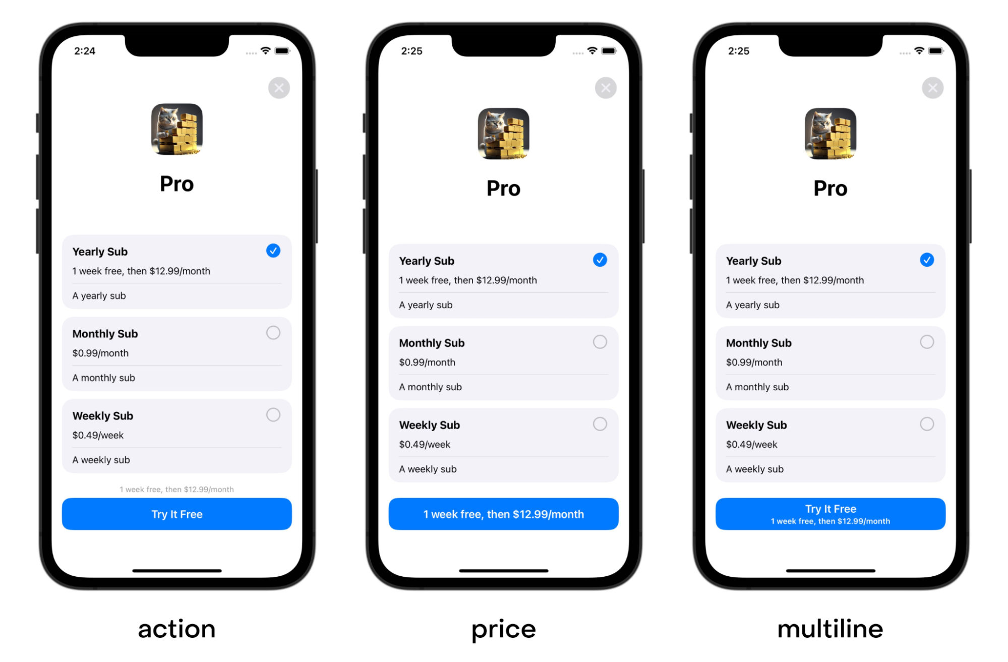Comparison of different subscriptionStoreButtonLabel settings on SubscriptionStoreView
