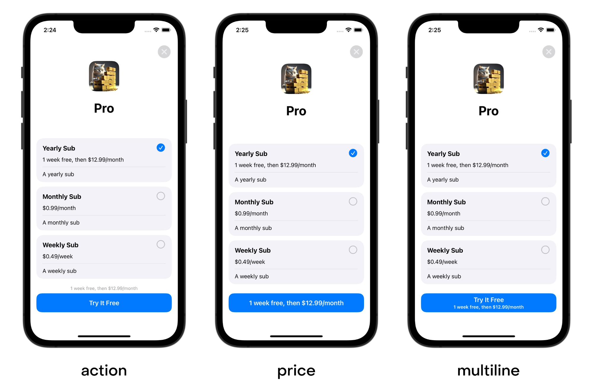 Comparison of different subscriptionStoreButtonLabel settings on SubscriptionStoreView