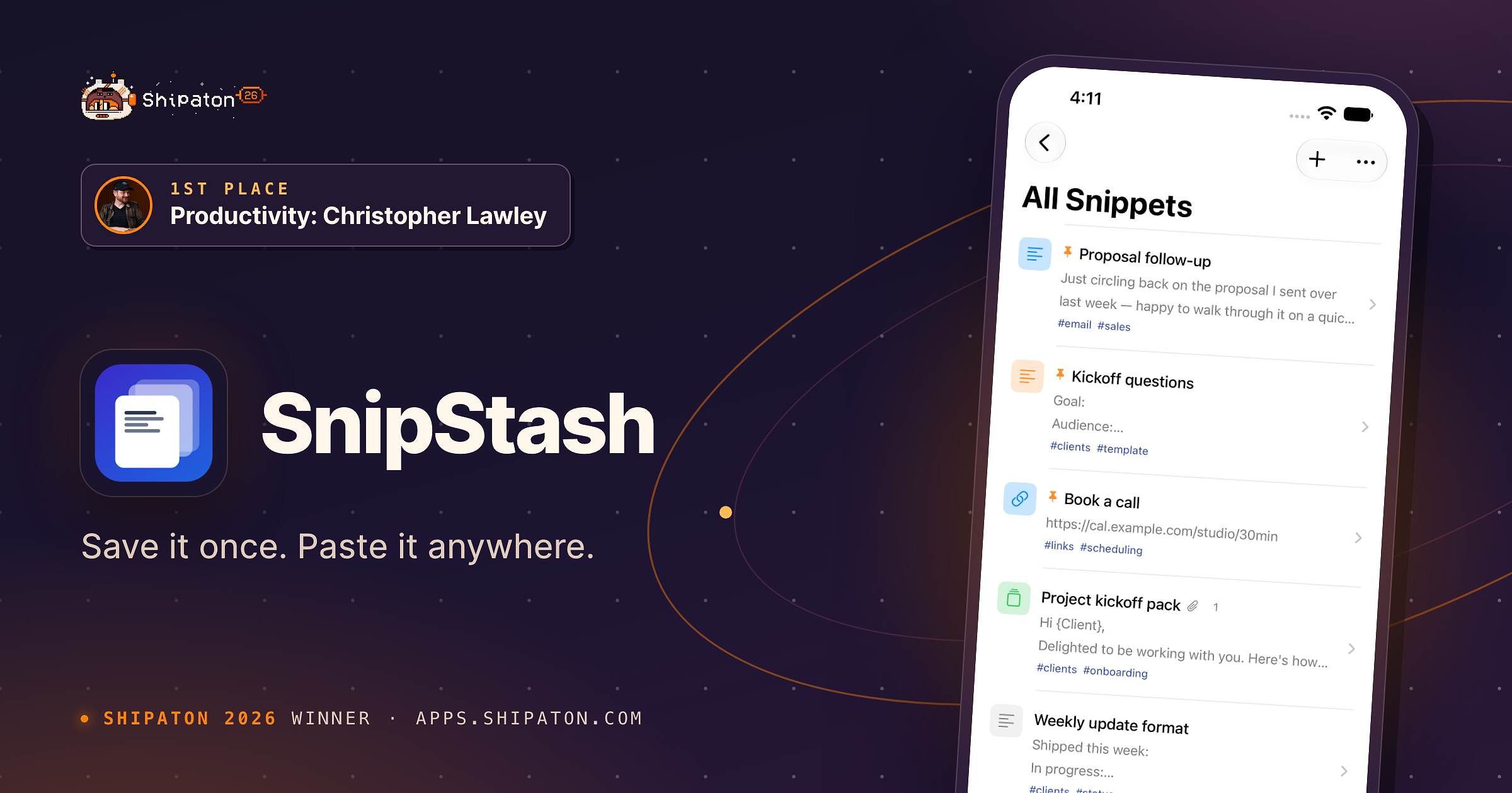 SnipStash — Shipaton 2026 winner