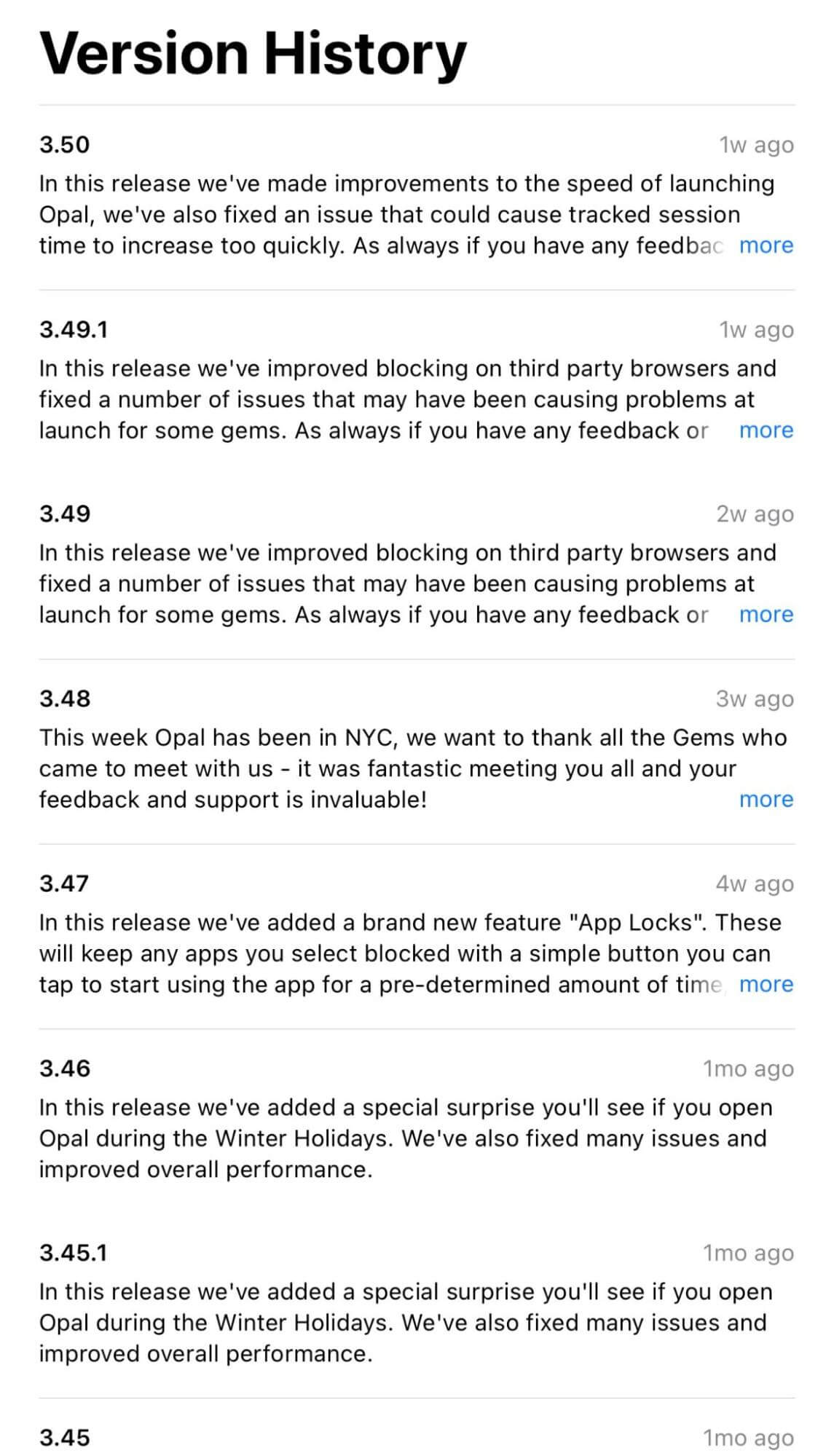 Opal's version history 