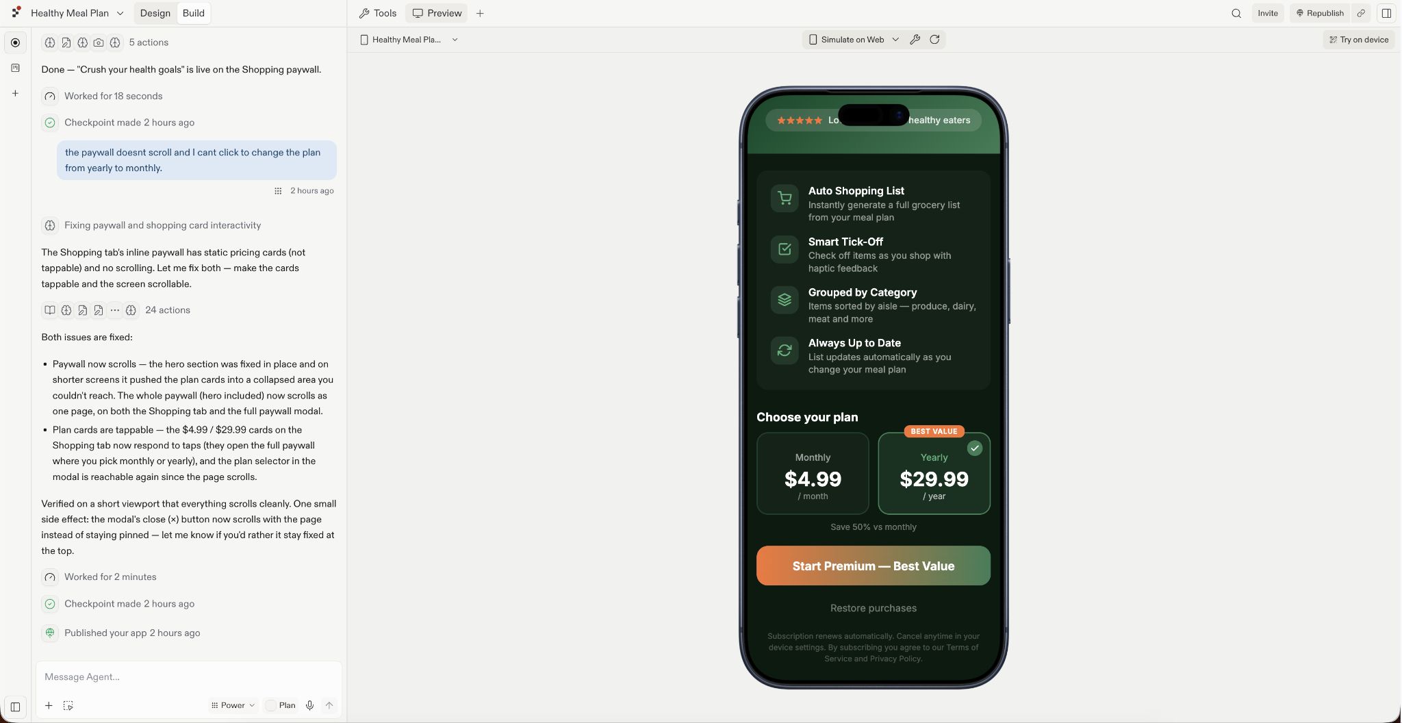 Replit displays the Healthy Meal Plan app’s Shopping paywall, showing monthly and yearly RevenueCat subscription options and a "Start Premium — Best Value" button.