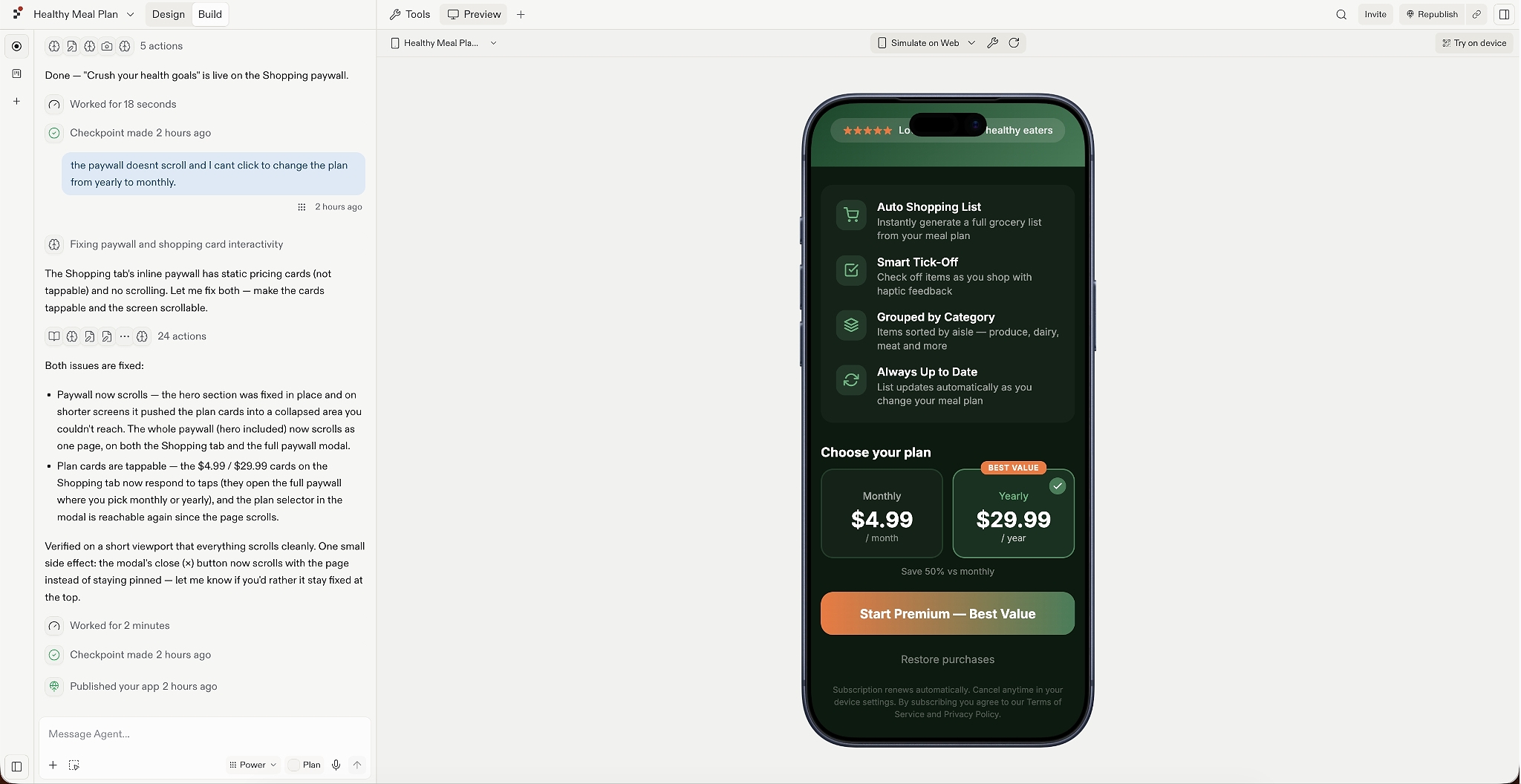 Replit displays the Healthy Meal Plan app’s Shopping paywall, showing monthly and yearly RevenueCat subscription options and a "Start Premium — Best Value" button.