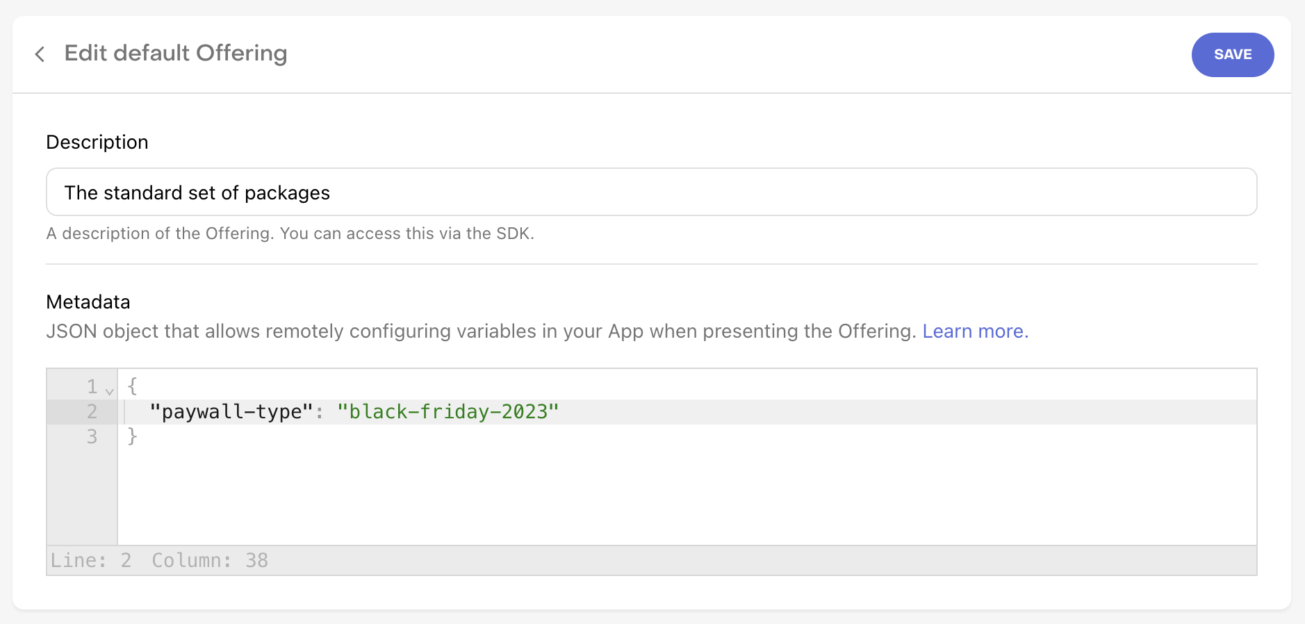Offering Metadata section of the RevenueCat dashboard