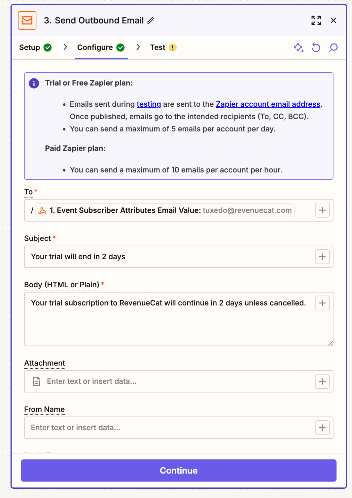 Screenshot the outbound email template in Zapier