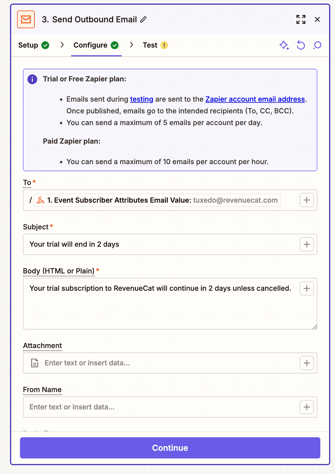 Screenshot the outbound email template in Zapier