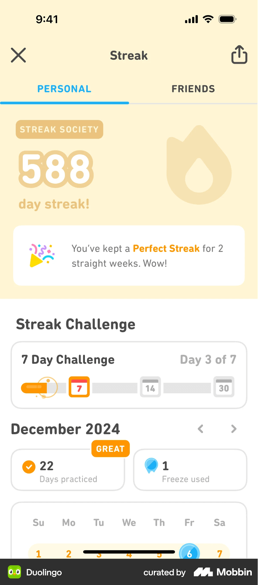 Duolingo Streak and below it shows a freeze was used