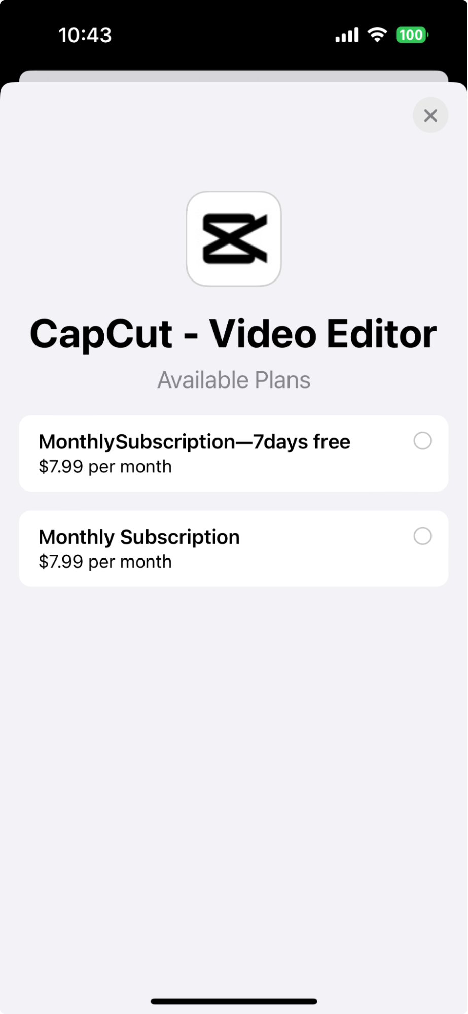 Example of iOS Settings app showing all of an app's products contained in a subscription group