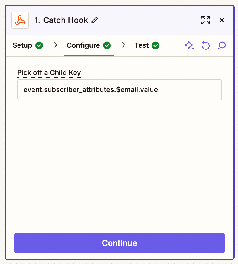 Screenshot of the catch hook configuration in Zapier