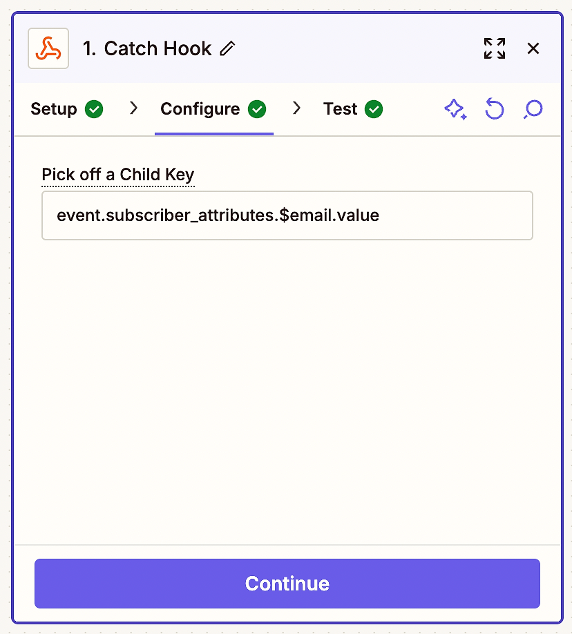 Screenshot of the catch hook configuration in Zapier