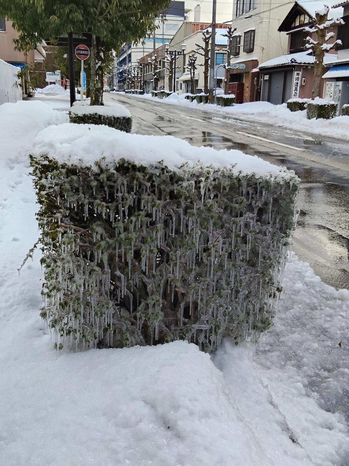 つららの下がる雪の山代温泉の通り