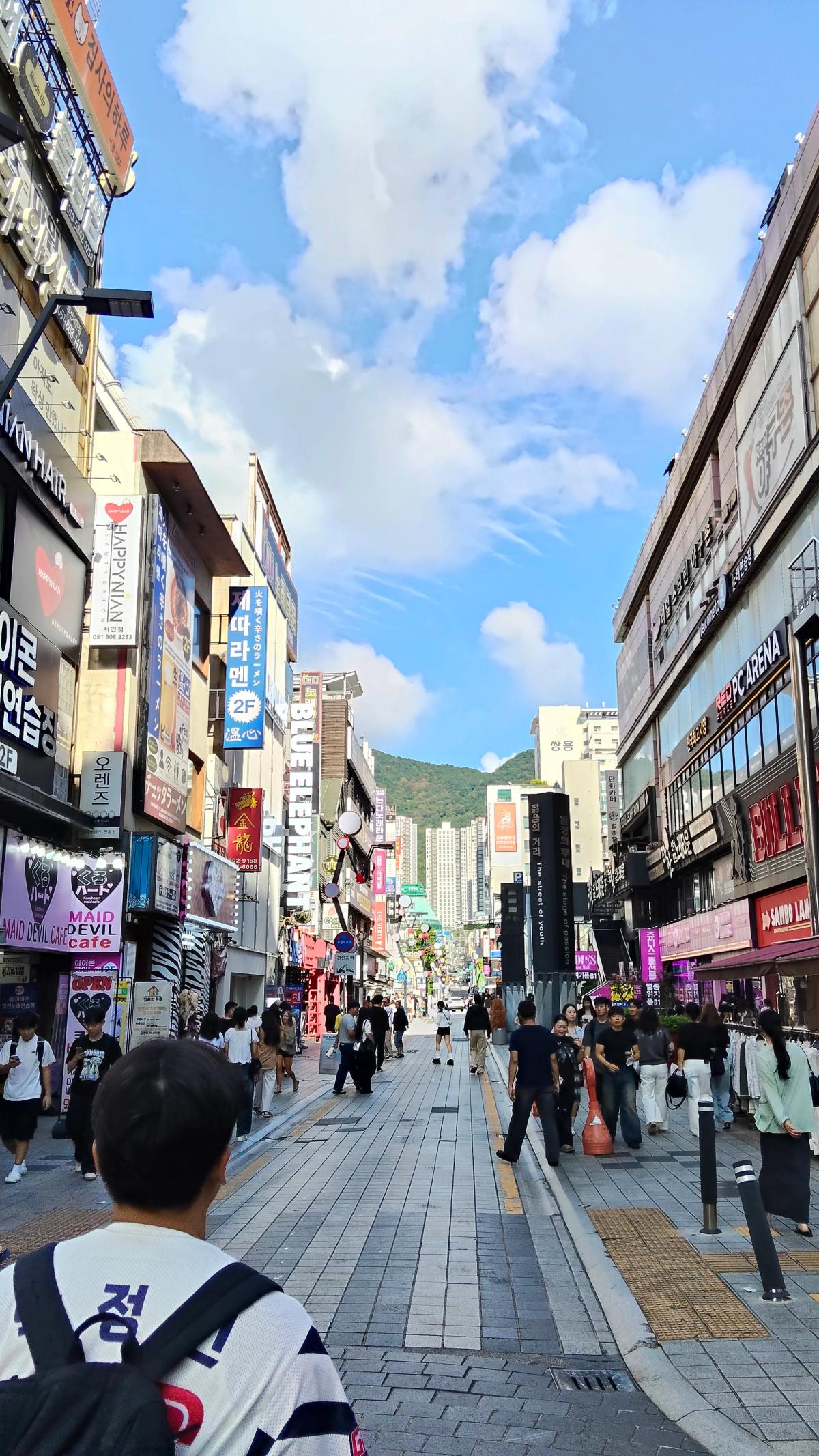 看板が埋め尽くす西面の通り。突き当たりに緑の山