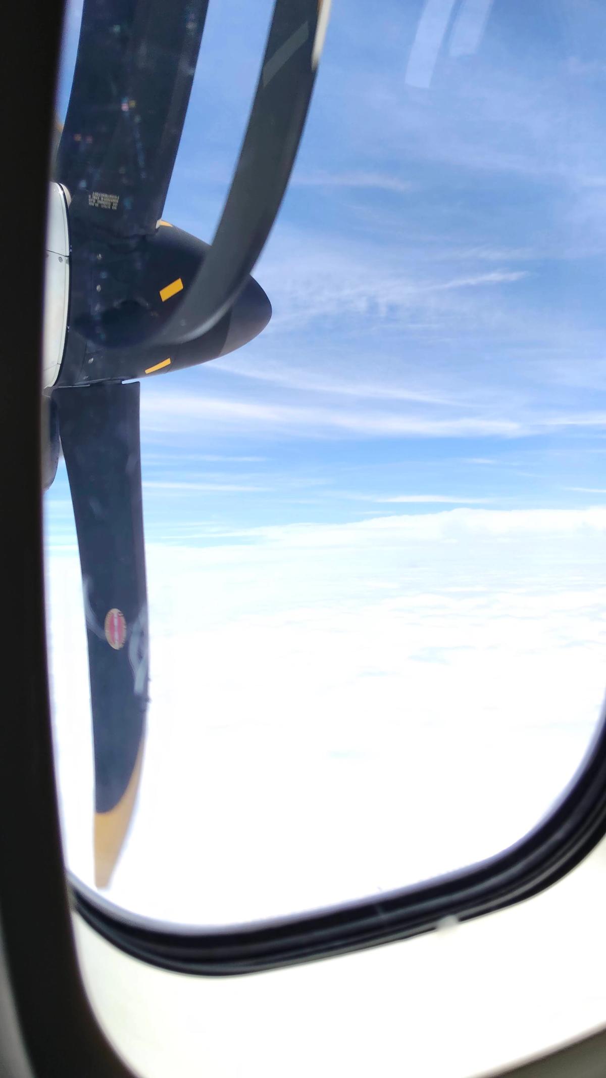 プロペラ機の翼の向こうに広がる雲海