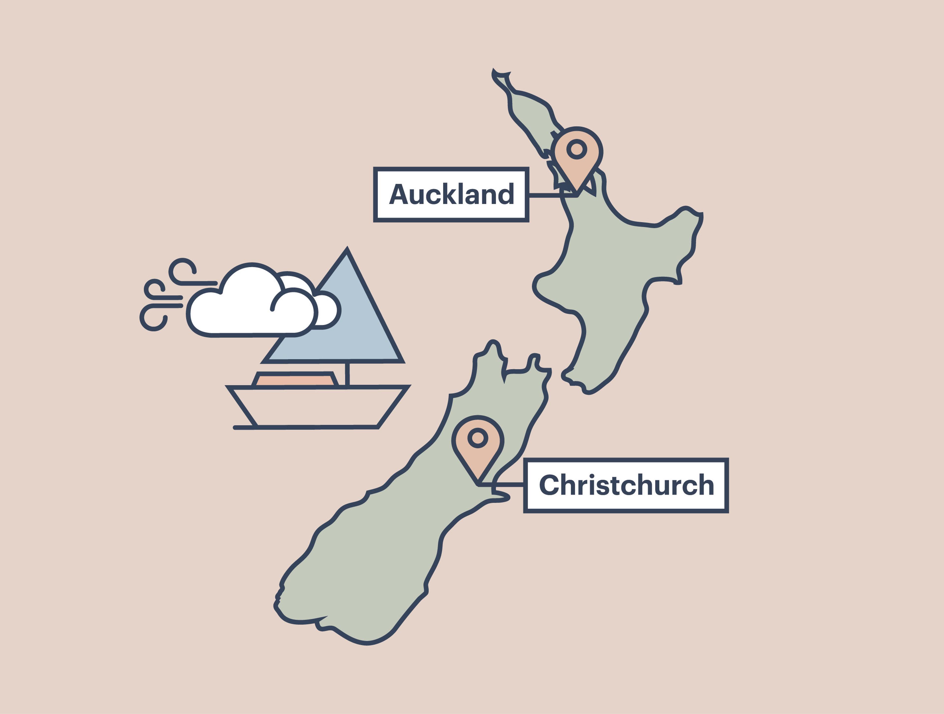 Map of New Zealand with pins on Auckland, Hawkes Bay and Christchurch