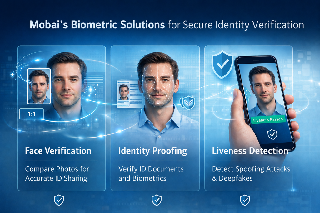 Diagram of Mobai's biometric solutions: Face Verification, Identity Proofing, and Liveness Detection.