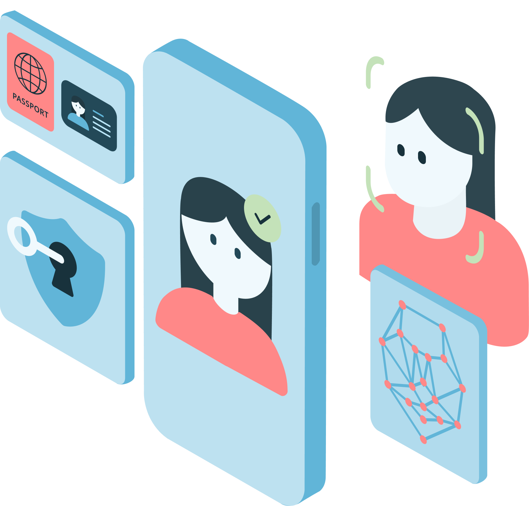 Isometric illustration of remote identity proofing: a passport and ID card, a verified selfie on a phone, a security shield, and a facial-recognition mesh.