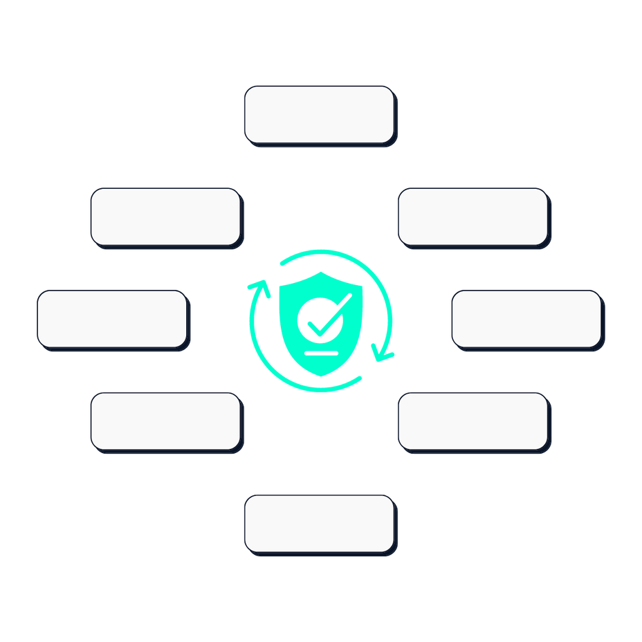 Abstract graphic: eight empty boxes in a circle around a shield with a checkmark, surrounded by two circular arrows