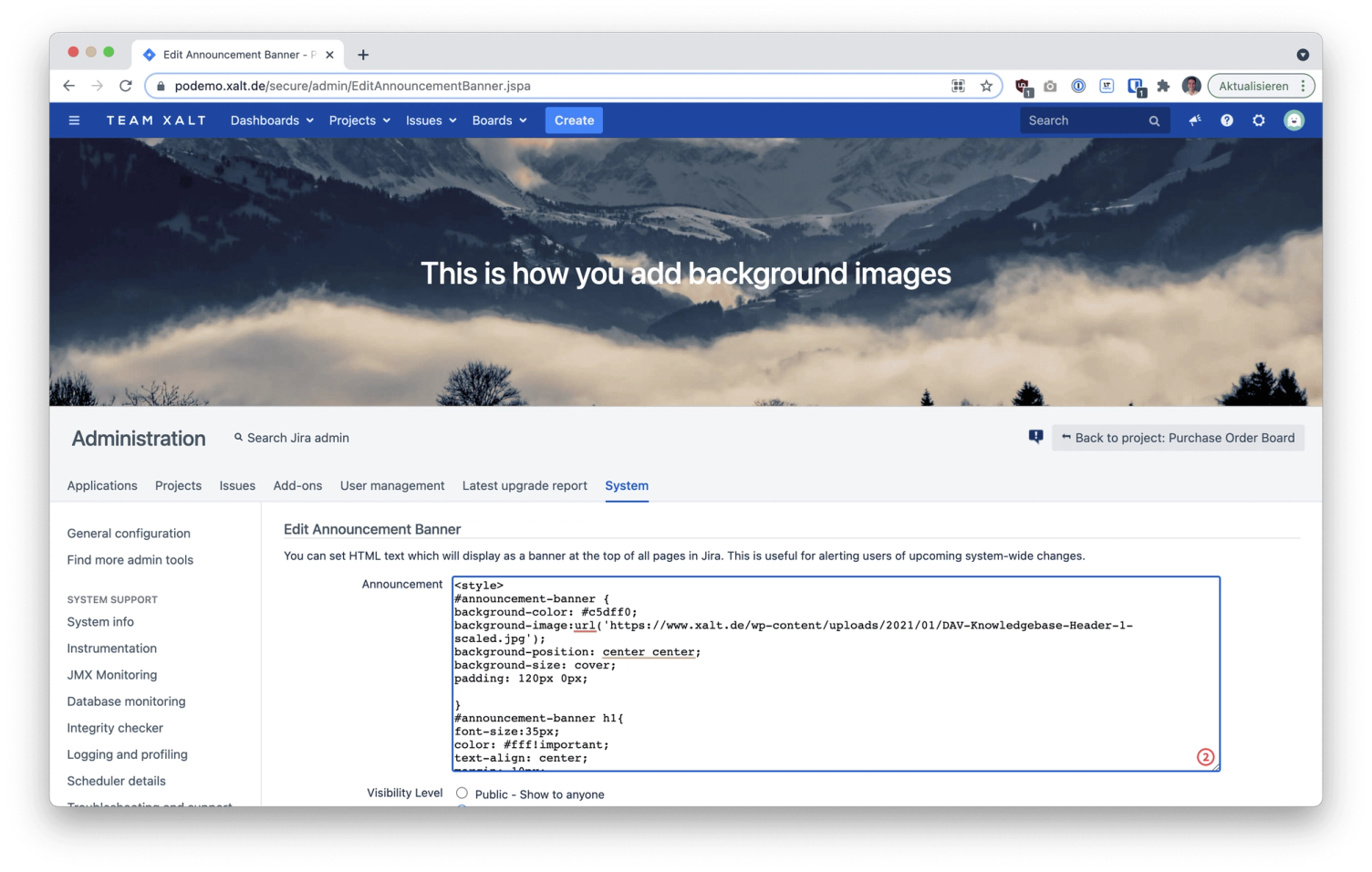 Ankündigungsbanner Jira