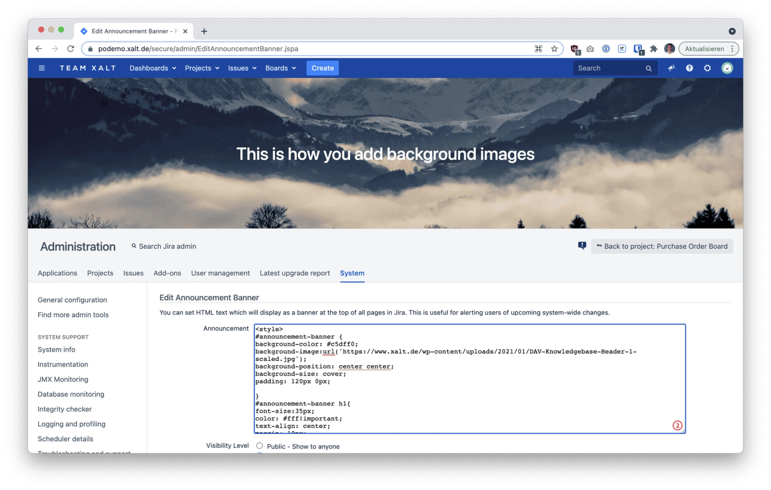 Ankündigungsbanner Jira