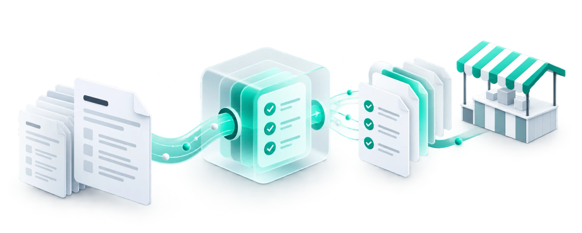 Rovo reviews incoming applications: documents flow into a review cube, come out checked and move on to the market stall.