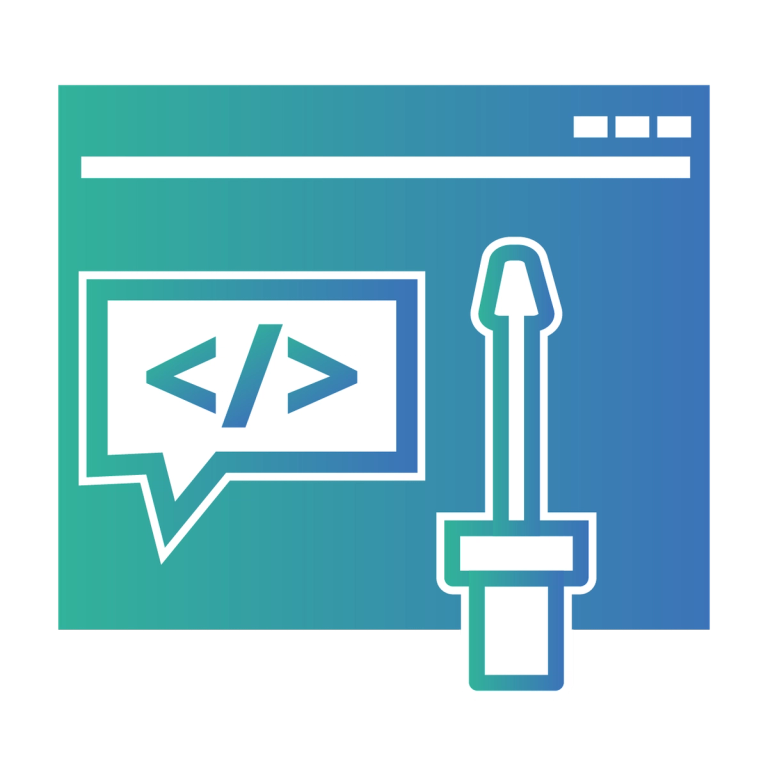Symbol: ein Browserfenster mit einer Sprechblase mit Code-Zeichen und einem Stift
