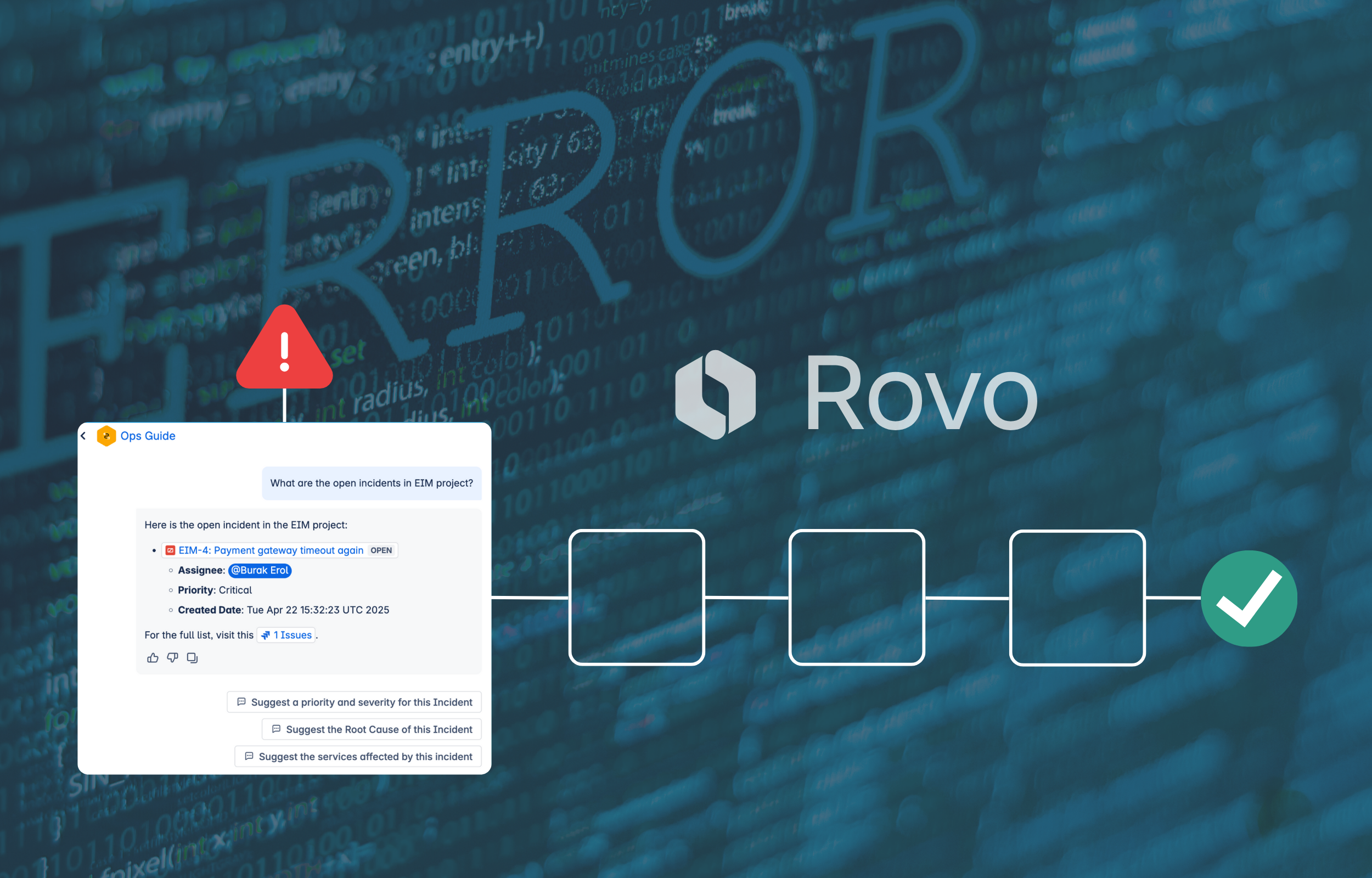 Rovo Ops Guide: Chat-Interface zur Incident-Erkennung mit Workflow-Schritten vor ERROR-Hintergrund und Code-Matrix.