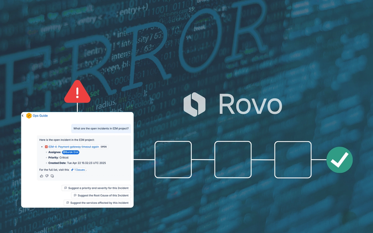 Rovo Ops Guide: Chat-Interface zur Incident-Erkennung mit Workflow-Schritten vor ERROR-Hintergrund und Code-Matrix.