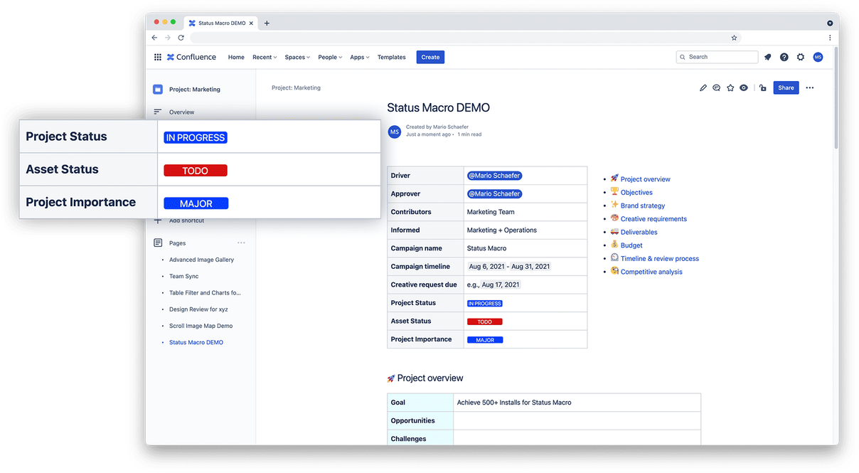 Status Makro in einer Confluence-Seite mit farbigen Status-Labels
