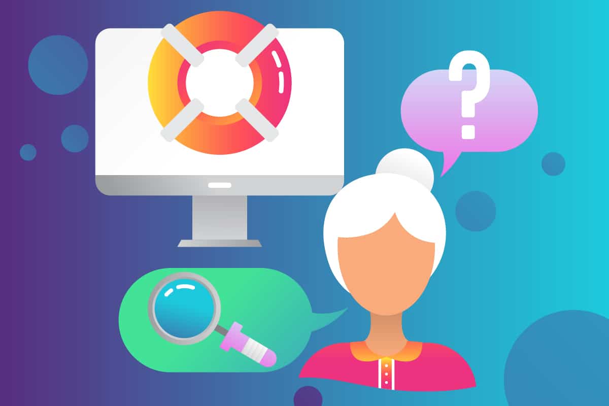 Illustration mit einem Computerbildschirm, der ein Rettungsring-Icon zeigt, daneben eine Person mit Fragezeichen und Lupe.