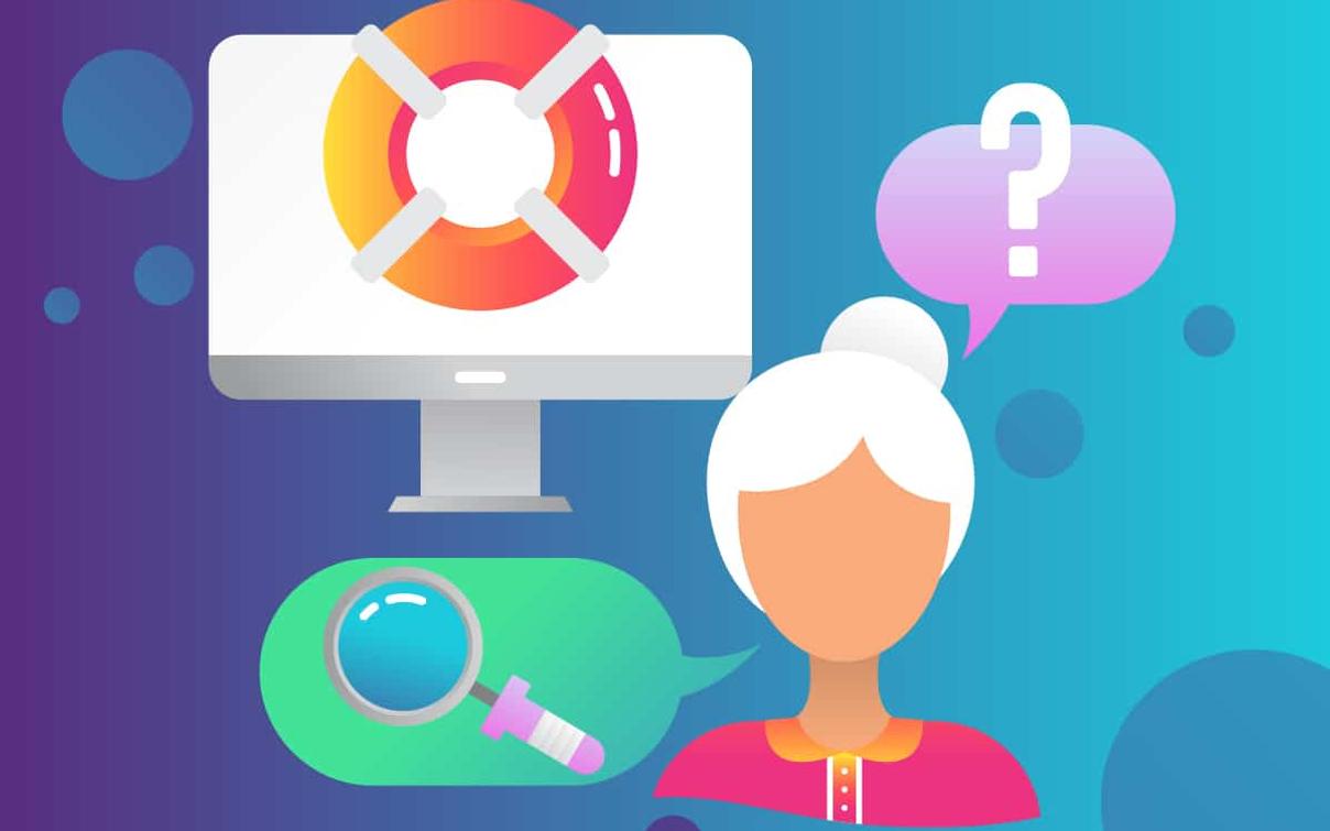 Illustration mit einem Computerbildschirm, der ein Rettungsring-Icon zeigt, daneben eine Person mit Fragezeichen und Lupe.