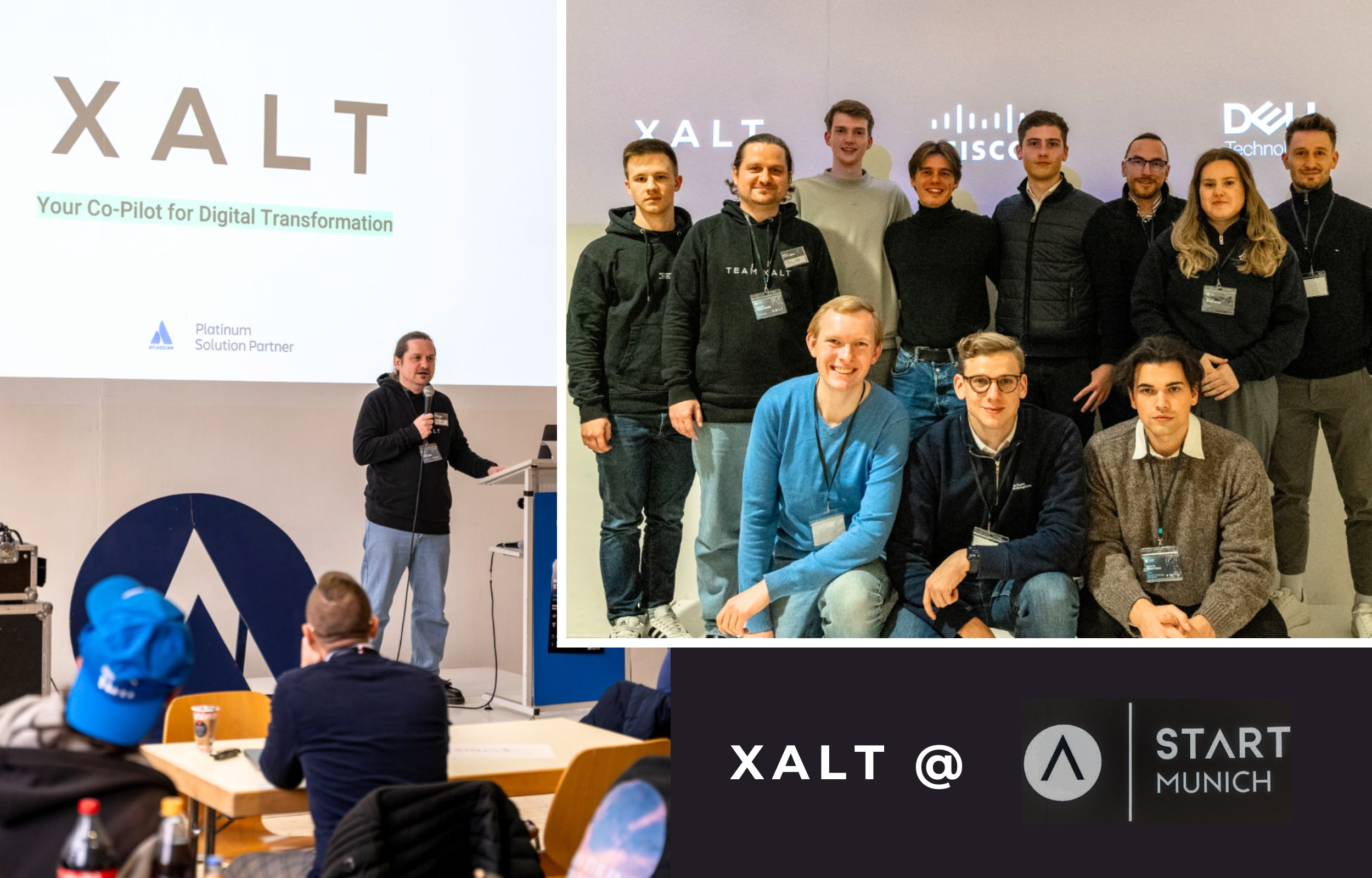 XALT-Team vor Präsentationswand mit Gold Solution Partner und Platinum Solution Partner, Atlassian Start Munich Logo.