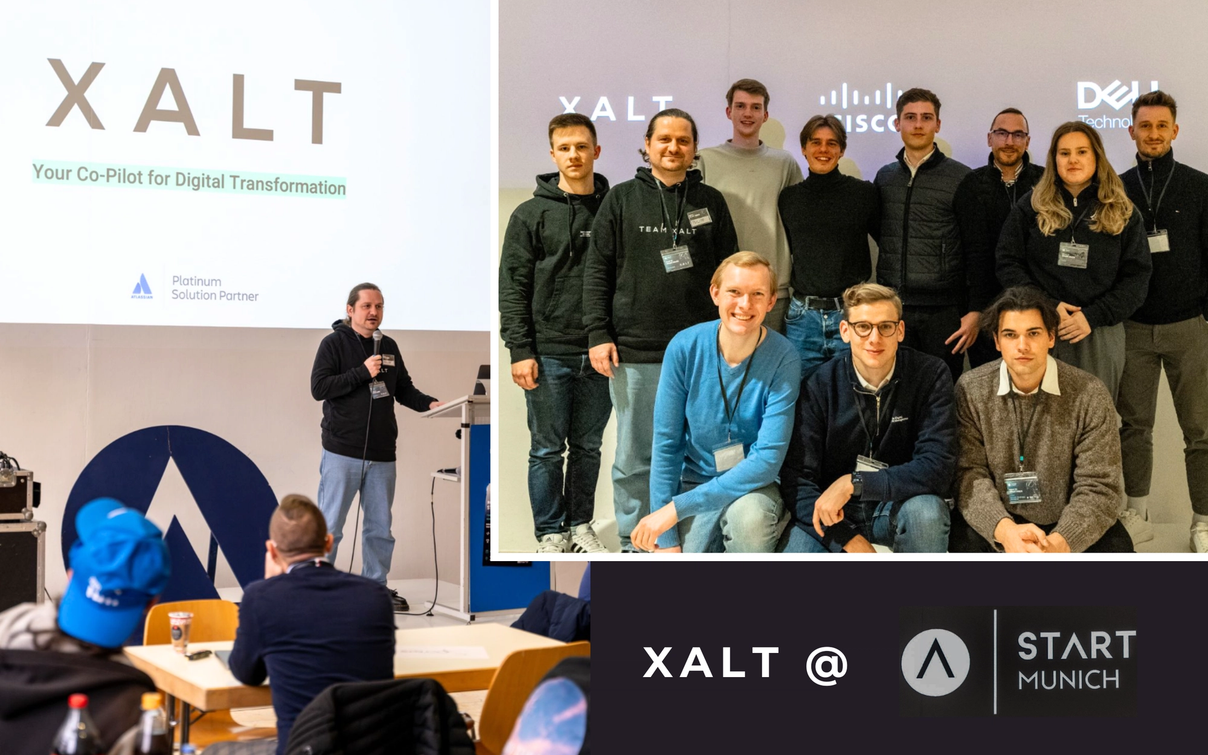 XALT-Team vor Präsentationswand mit Gold Solution Partner und Platinum Solution Partner, Atlassian Start Munich Logo.