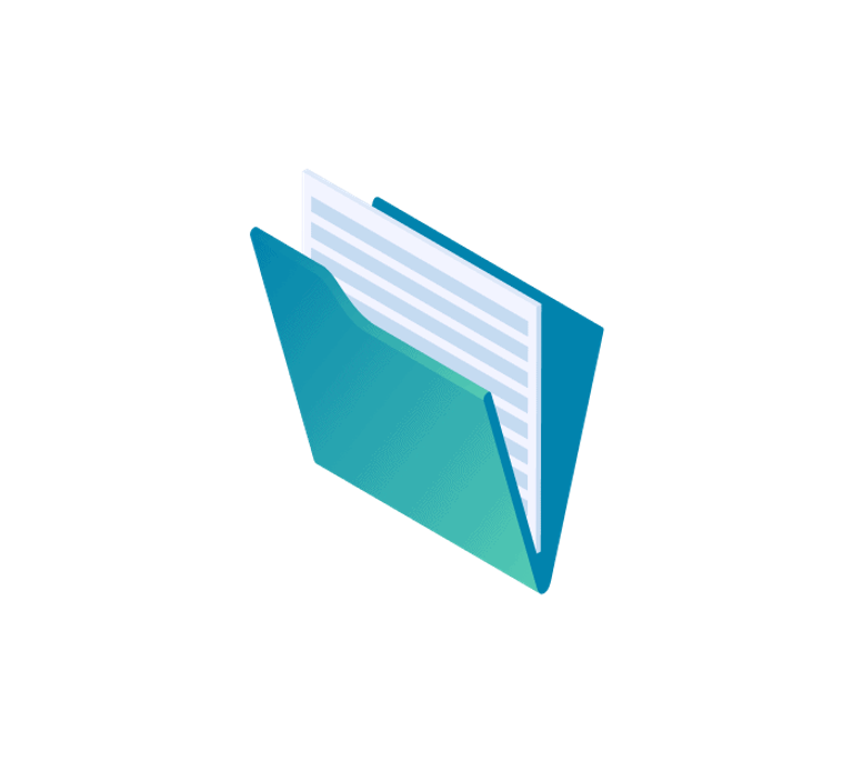 Isometrisches Ordner-Symbol, aus dem ein Blatt mit Textzeilen herausragt