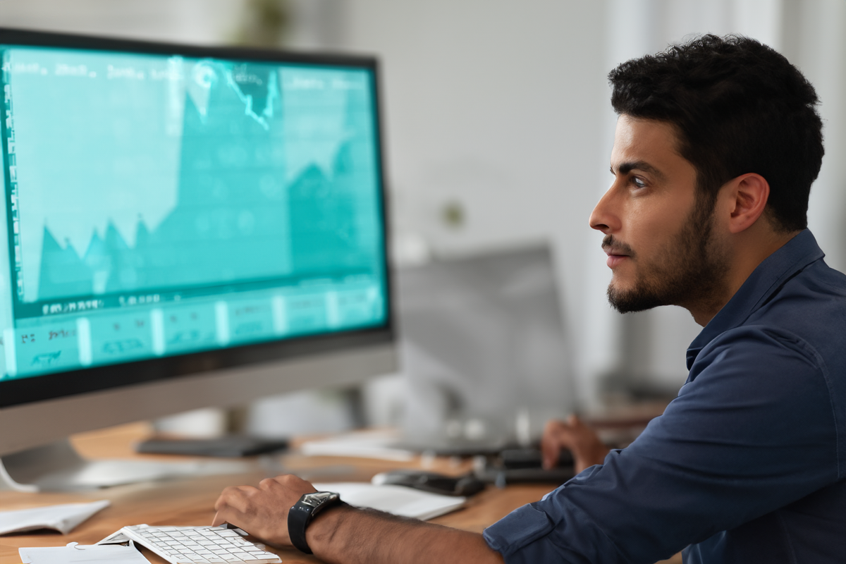 Mann am Schreibtisch beobachtet Monitoring-Dashboards mit Diagrammen und Metriken auf einem großen Monitor