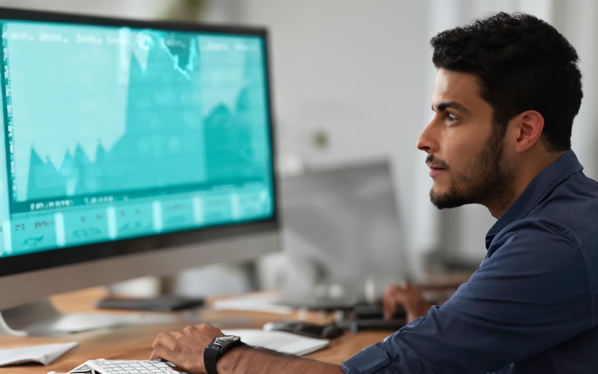 Mann am Schreibtisch beobachtet Monitoring-Dashboards mit Diagrammen und Metriken auf einem großen Monitor