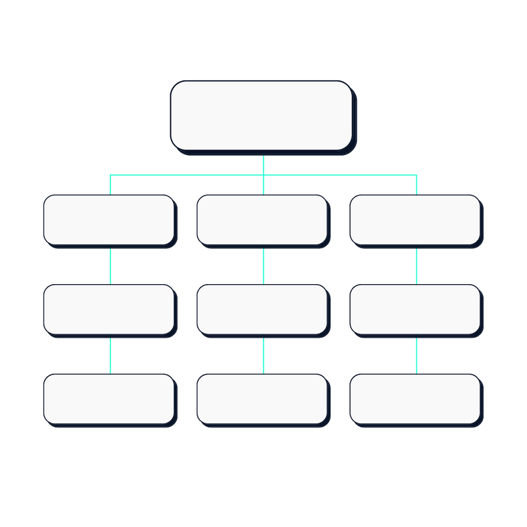 Abstrakte Grafik: ein Organigramm aus zehn leeren Kaesten, von einem Kasten oben auf drei Straenge