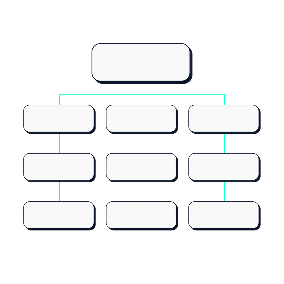 Abstract graphic: an org chart of ten empty boxes, branching from one box at the top into three strands