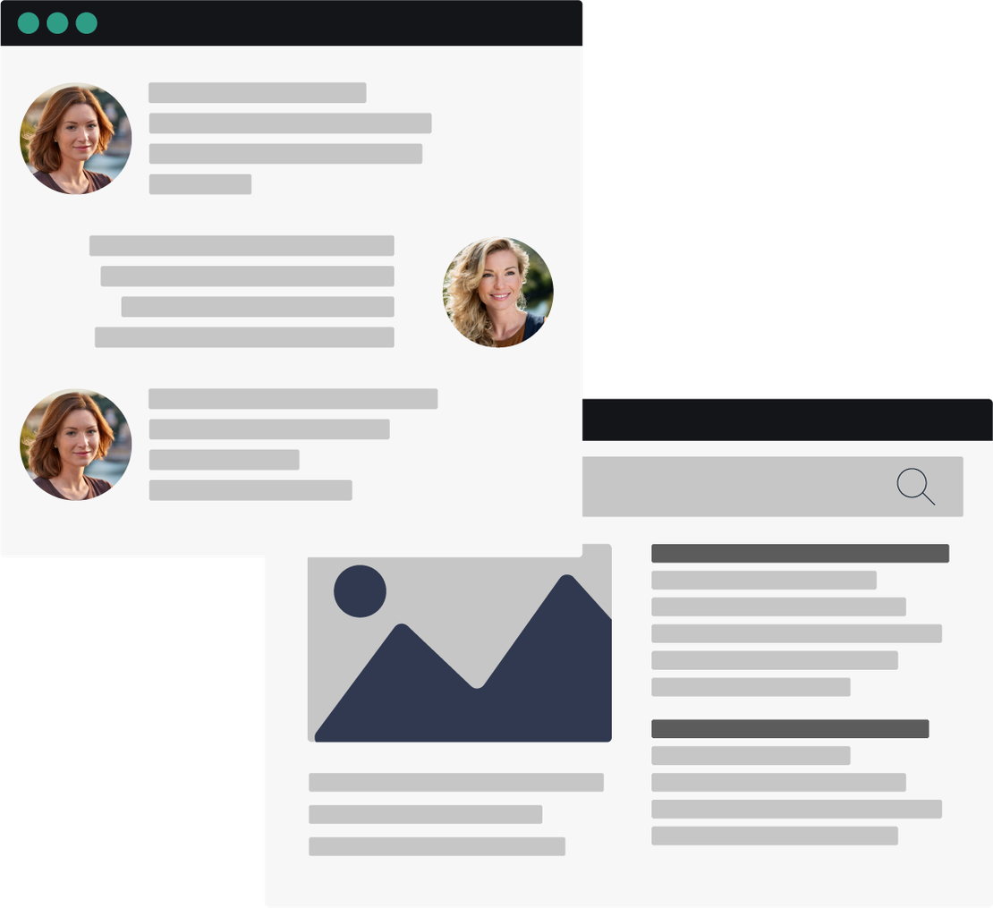 Draft of an interface with round profile pictures, text placeholders and a search bar