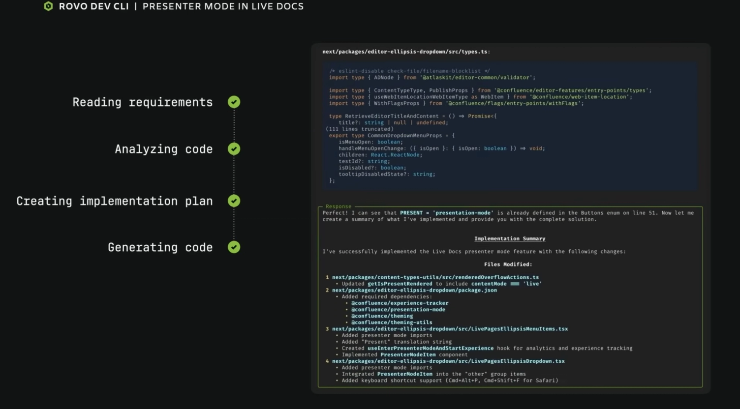 Rovo Dev CLI im Presenter Mode mit Arbeitsschritten, Quelltext und Zusammenfassung geänderter Dateien.