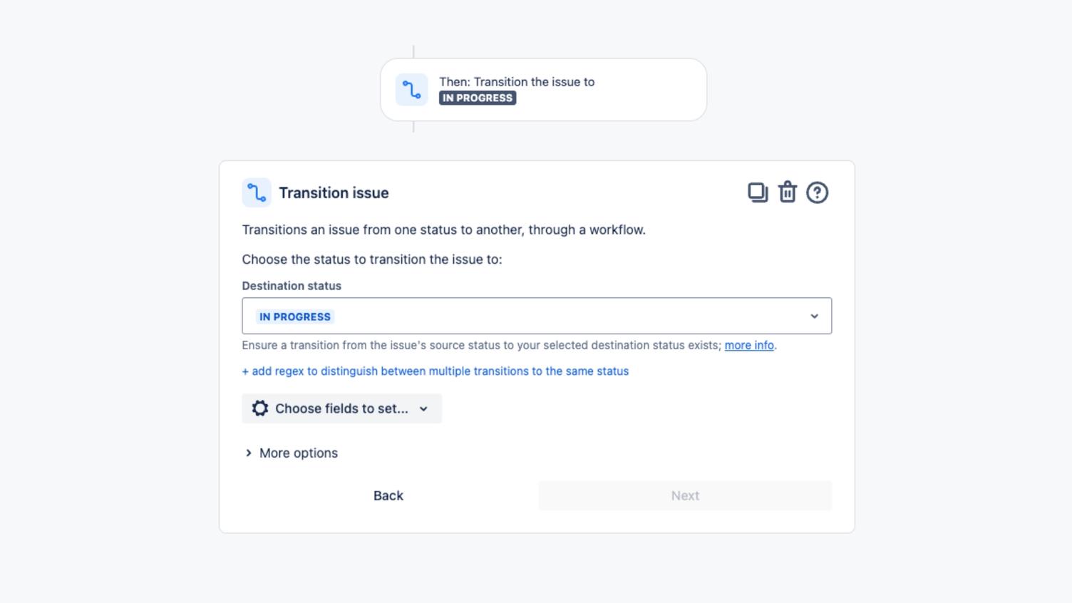 Screenshot einer Jira-Automatisierung: die Aktion „Transition issue" mit dem Zielstatus „IN PROGRESS" im Auswahlfeld
