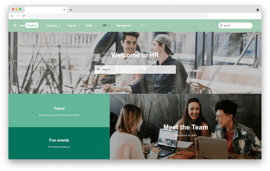 Im Browser geöffnete HR-Weboberfläche mit Kacheln für Travel, Fun Events und Meet the Team
