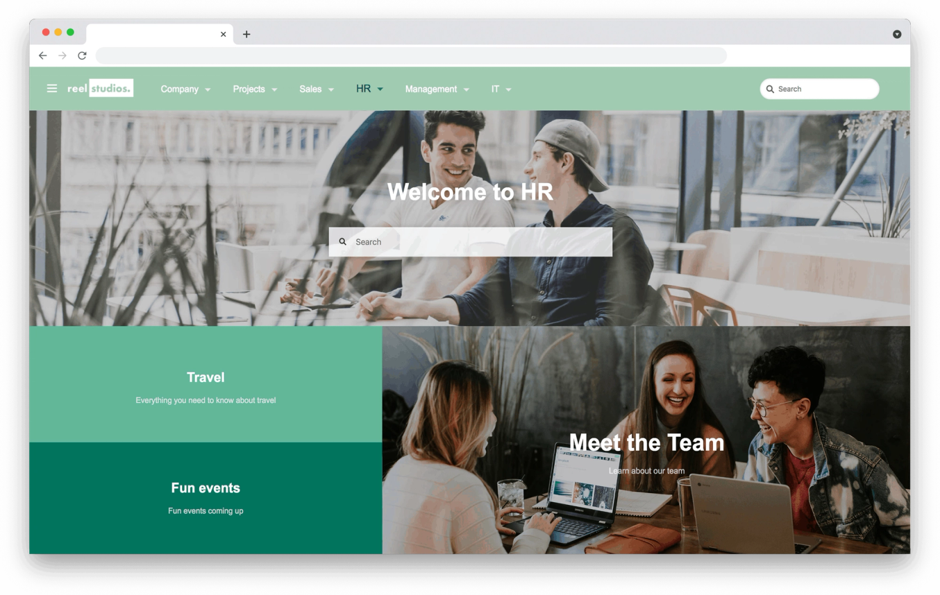 HR web interface open in a browser with tiles for Travel, Fun Events, and Meet the Team