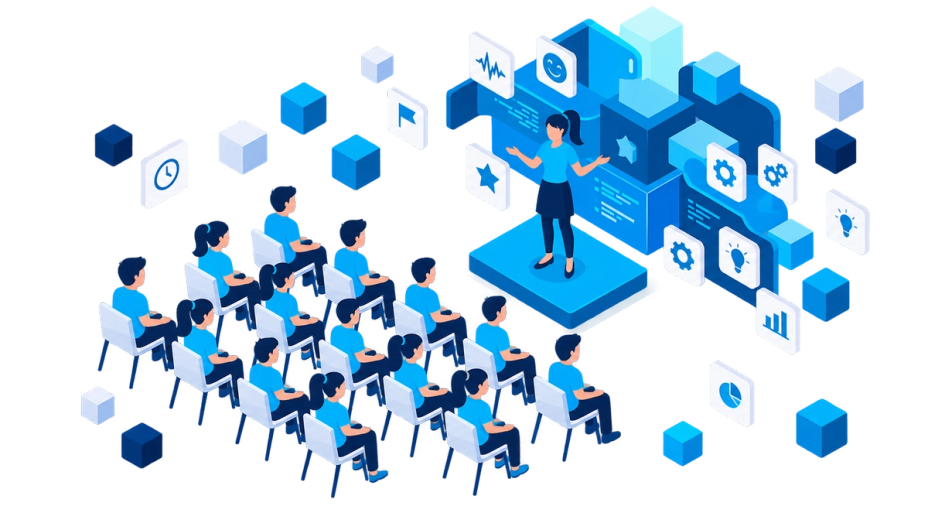 Isometrische Illustration: eine Trainerin steht auf einer Bühne mit Icons für Bildschirm, Zahnrad und Sicherheit, davor sitzen Teilnehmende in Reihen