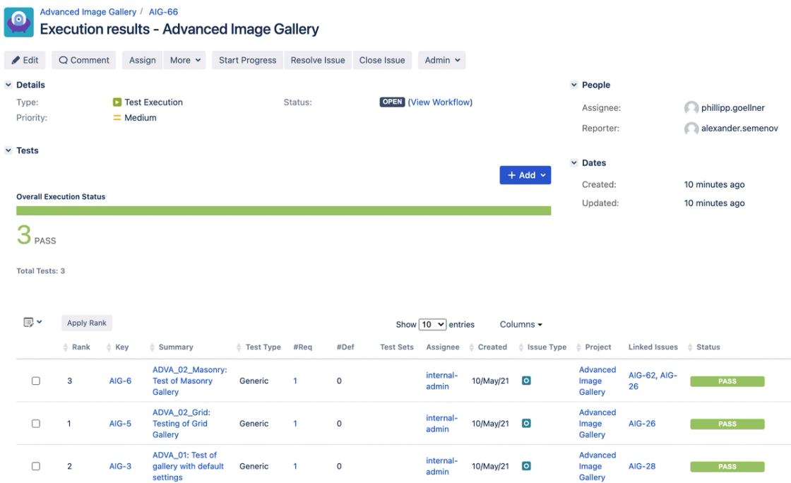 Screenshot der XRAY-Testausführungsergebnisse mit strukturierter Übersicht in Jira