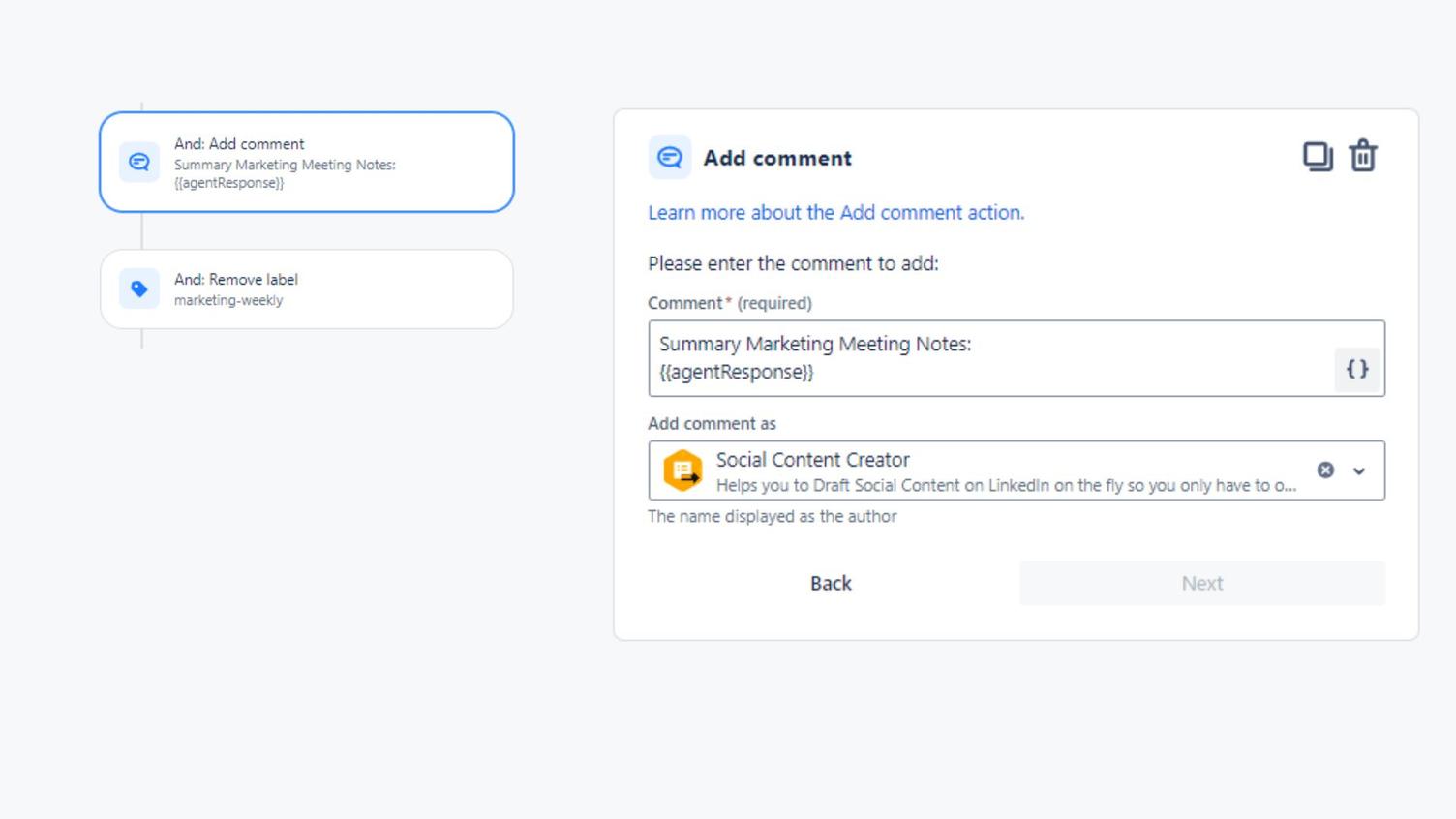 Screenshot einer Confluence-Automatisierung mit der Aktion „Add comment": der Kommentartext mit der Variablen agentResponse und die Auswahl des Rovo-Agenten Social Content Creator