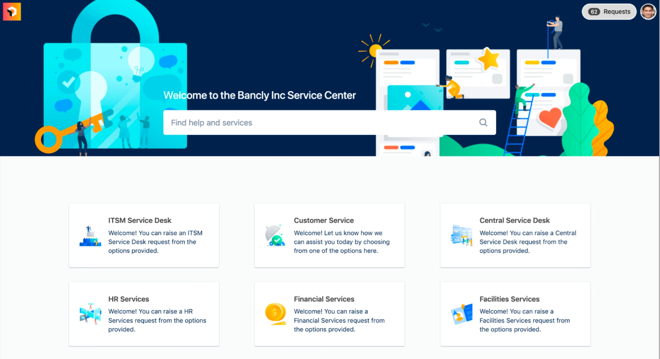 Screenshot of a service portal with a dark blue header, a search bar and six tiles for different request types