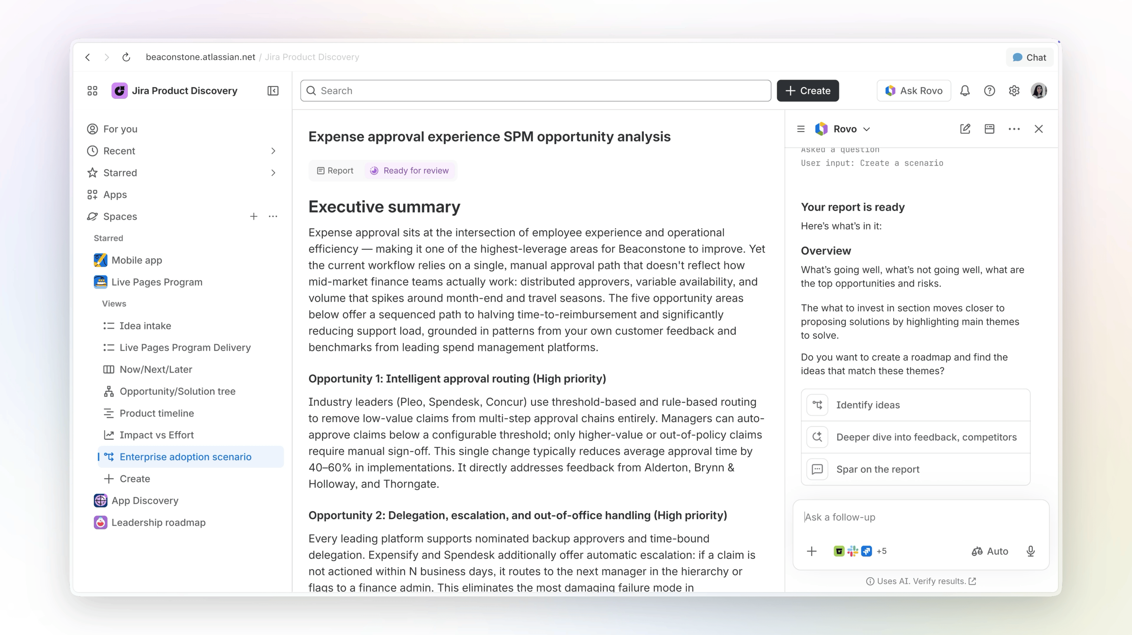 Screenshot von Jira Product Discovery mit einer Chancenanalyse zum Freigabeprozess für Ausgaben, rechts daneben ein Rovo-Bereich mit einem fertigen Bericht und Vorschlägen