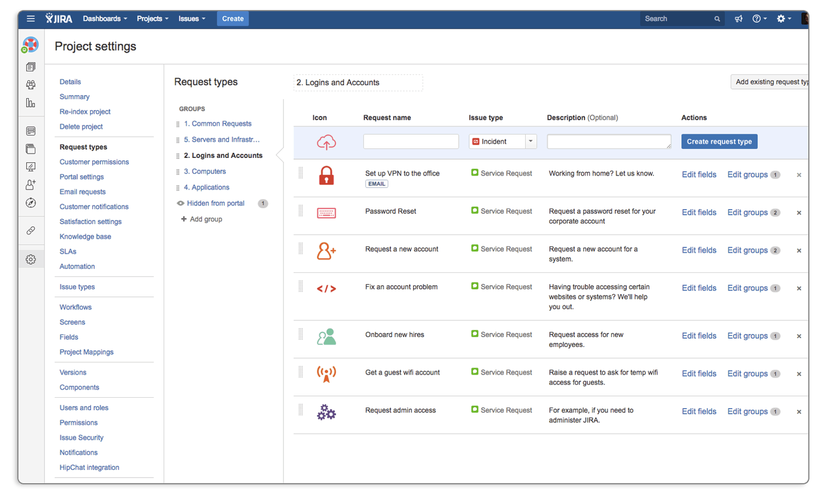 Die Jira-Projekteinstellungen mit einer Tabelle von Anfragetypen wie VPN einrichten oder Passwort zurücksetzen