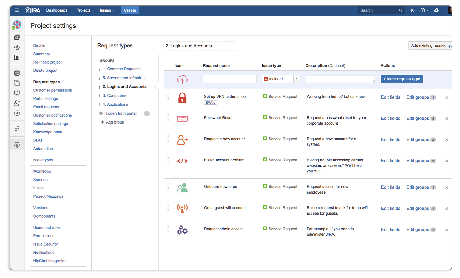 Die Jira-Projekteinstellungen mit einer Tabelle von Anfragetypen wie VPN einrichten oder Passwort zurücksetzen