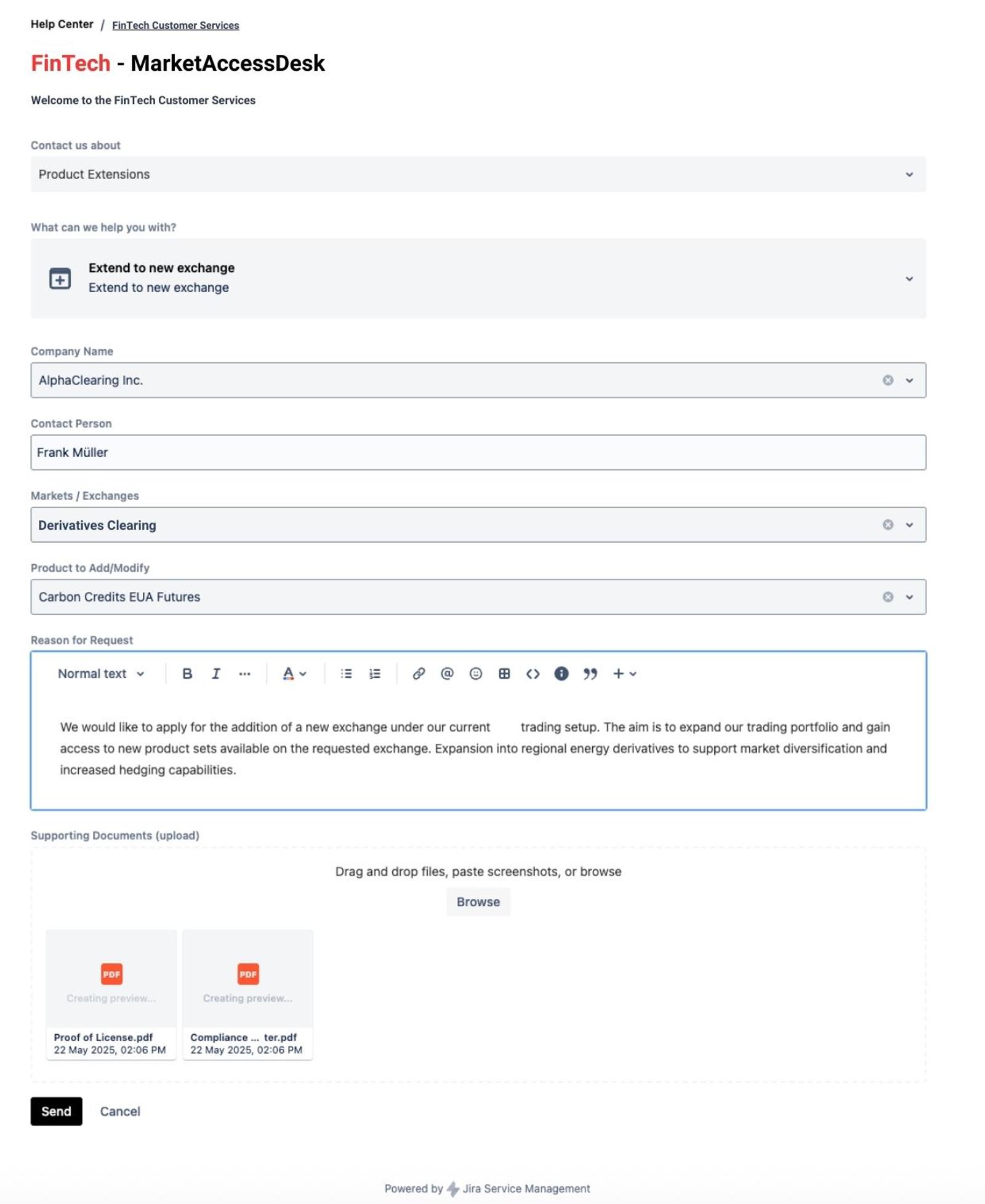 Completed application form in the portal with fields for company, market, product and two uploaded PDF documents