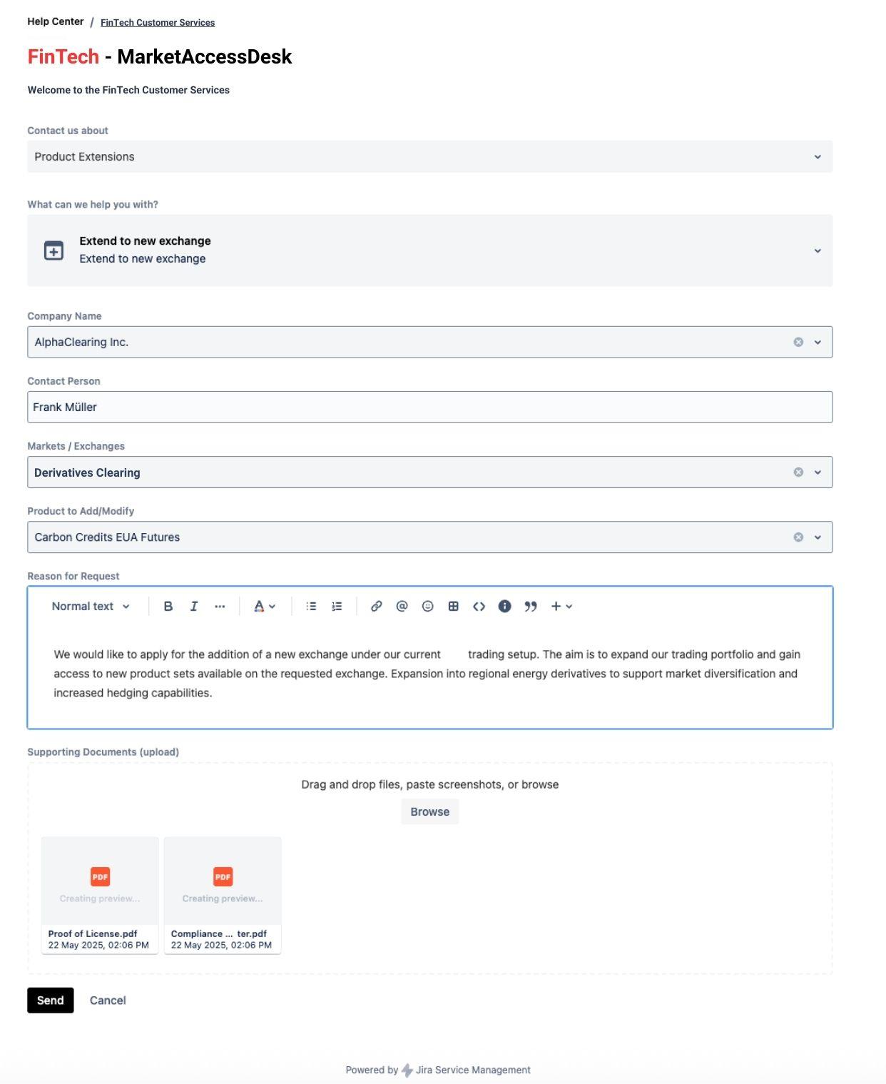Ausgefülltes Antragsformular im Portal mit Feldern für Firma, Markt, Produkt und zwei hochgeladenen PDF-Dokumenten
